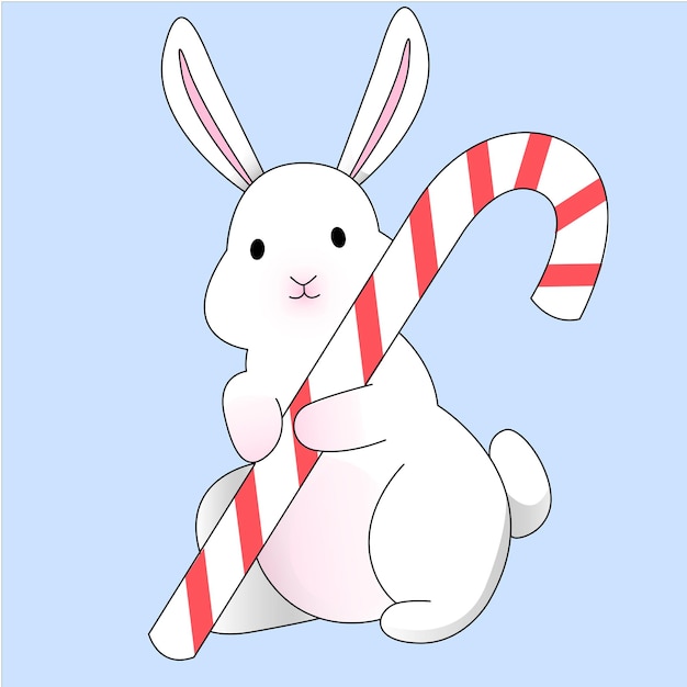 Lindo conejito de Navidad. Conejo, símbolo de 2023. Conejo blanco navideño con bastón de caramelo.