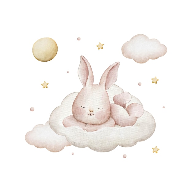 lindo conejito y nubes acuarela ilustración