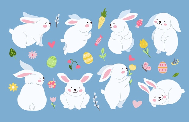 Lindo conejito de pascua Conejos o conejitos en el prado con huevos festivos y flores Siluetas de liebre dulce animales de dibujos animados para niños conjunto de vectores populares neotéricos