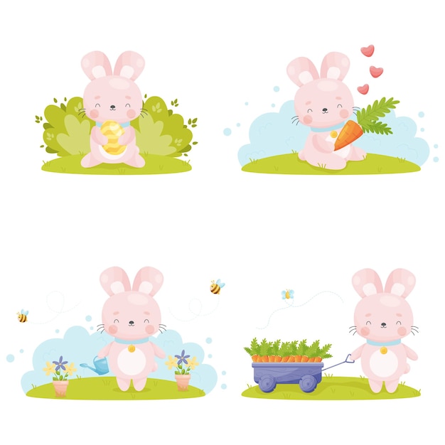 Lindo conejito de Pascua de dibujos animados conjunto ilustración vectorial