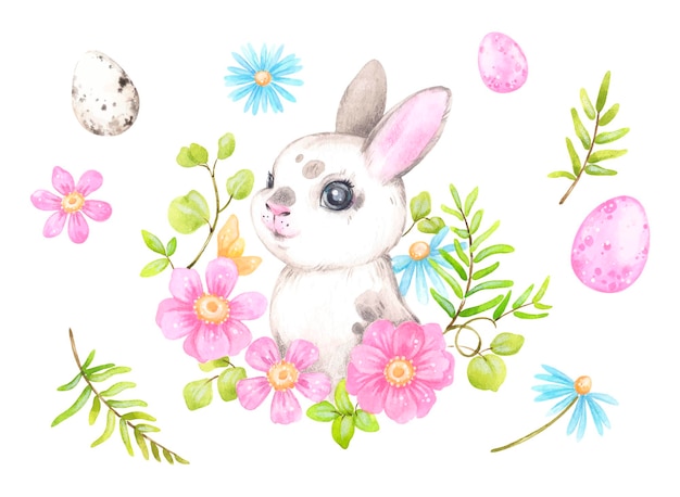 Vector lindo conejito de pascua en flores ilustración