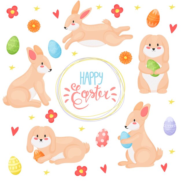 Lindo conejito de pascua con un juego de huevos de colores felices pascuas elementos decorativos y decoración navideña