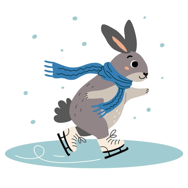 Lindo conejito patinaje sobre hielo Ilustración vectorial de conejo de invierno