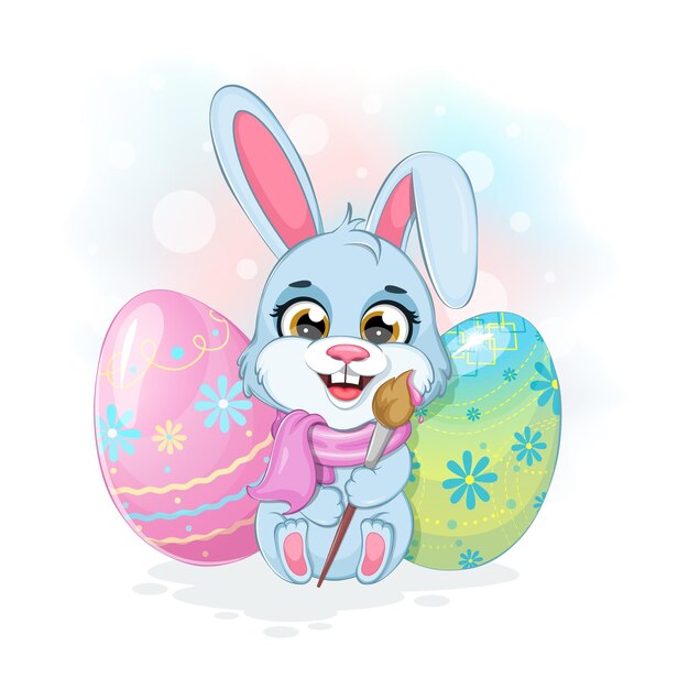 Lindo conejito en un pincel de bufanda y huevos de Pascua