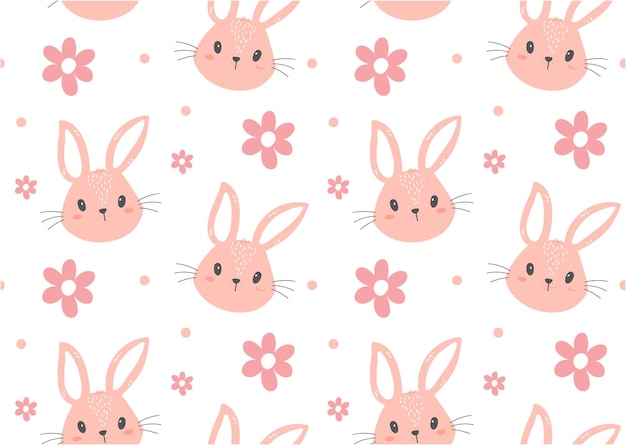 Lindo conejito rosa cara de conejo patrón floral transparente aislado sobre fondo blanco vivero animal mano dibujo vector