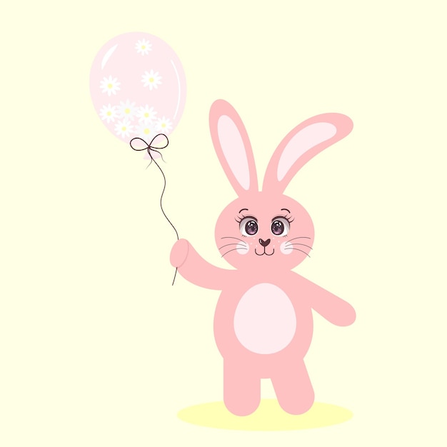 Lindo conejito rosa con grandes ojos sosteniendo un globo lleno de chamomiles Personaje infantil