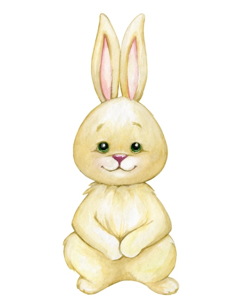 Lindo conejito sentado Animal acuarela en estilo de dibujos animados sobre un fondo aislado