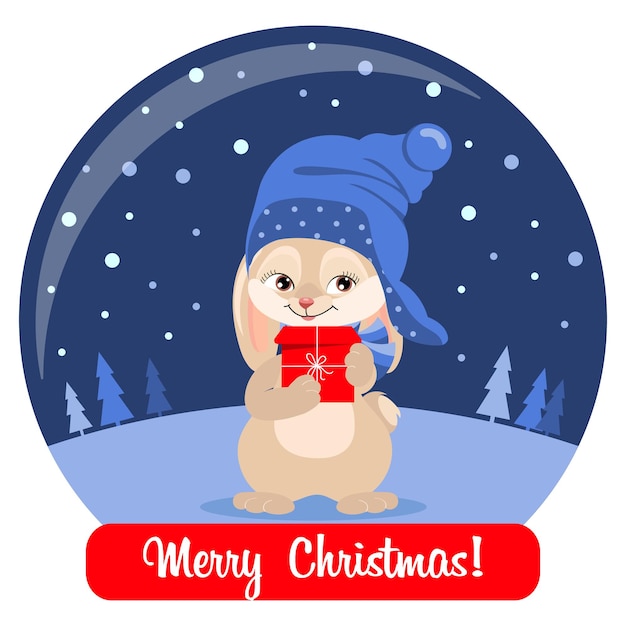 Lindo conejito en un sombrero con una caja de regalo de navidad en una bola de cristal y un texto de felicitación. tarjeta postal
