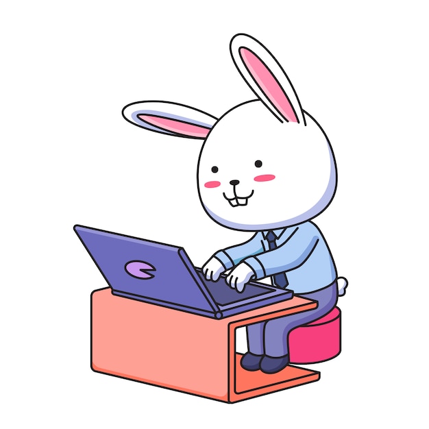 Lindo conejito trabajando con laptop
