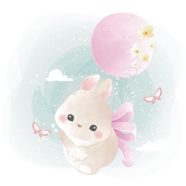 Lindo conejito volando con un globo florido