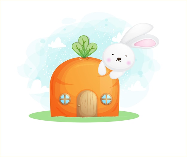 Lindo conejito con zanahoria en casa feliz día de pascua