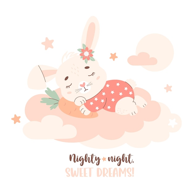 Lindo conejo animal durmiente con zanahoria en la nube Ilustración vectorial en colores pastel Colección para niños
