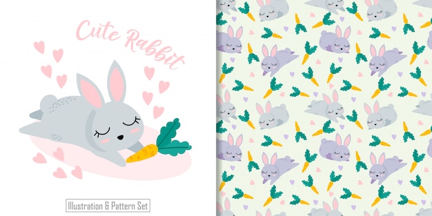 Lindo conejo animal de patrones sin fisuras con mano dibujado ilustración conjunto de tarjetas