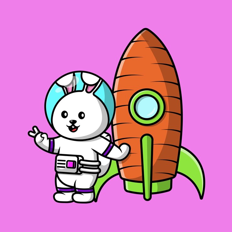 Vector lindo conejo astronauta con zanahoria cohete dibujos animados vector icono ilustración