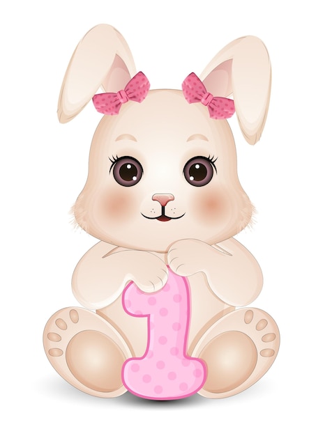 Lindo conejo bebé de dibujos animados con número rosa uno Ilustración vectorial