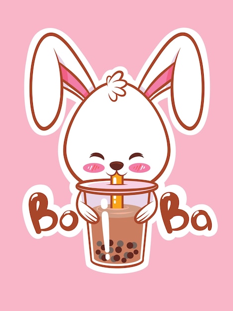 Un lindo conejo bebiendo té boba ilustración de personaje de dibujos animados