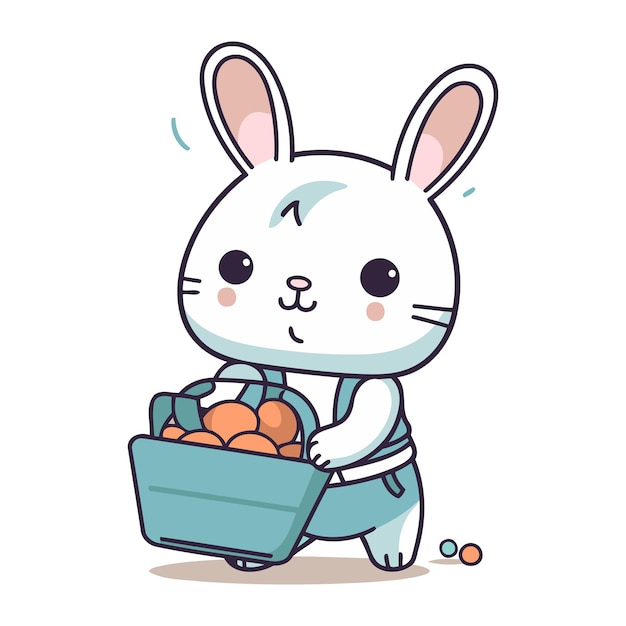 Un lindo conejo blanco con una canasta llena de huevos ilustración vectorial
