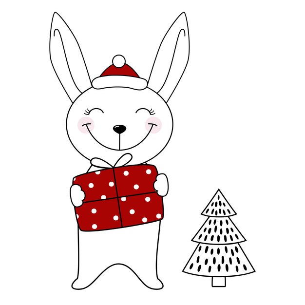 Lindo conejo blanco de dibujos animados en un sombrero de Santa y un árbol de Navidad