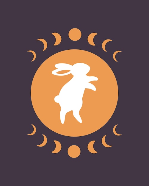 Lindo conejo blanco con elementos de astrología. Año del Conejo. Ilustración vectorial dibujada a mano