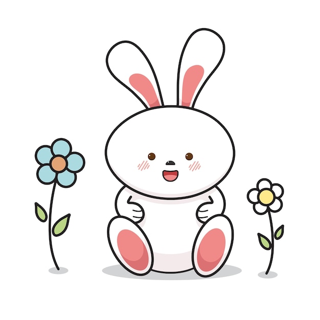Lindo conejo blanco con orejas rosas y flores para las fiestas tarjetas de felicitación pegatinas iconos