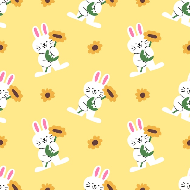 Un lindo conejo blanco y un patrón sin costuras de girasol