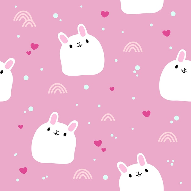lindo conejo blanco vector de patrones sin fisuras con fondo de amor rosa
