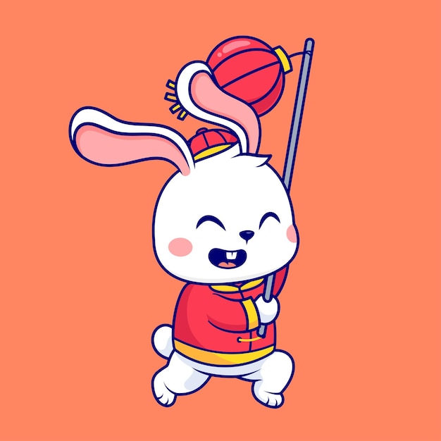 Lindo conejo chino jugando a la lámpada icono vectorial de dibujos animados Ilustración de animales vacaciones aislado plano