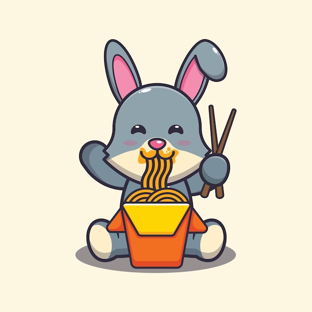 Vector lindo conejo comiendo fideos ilustración animal de dibujos animados lindo