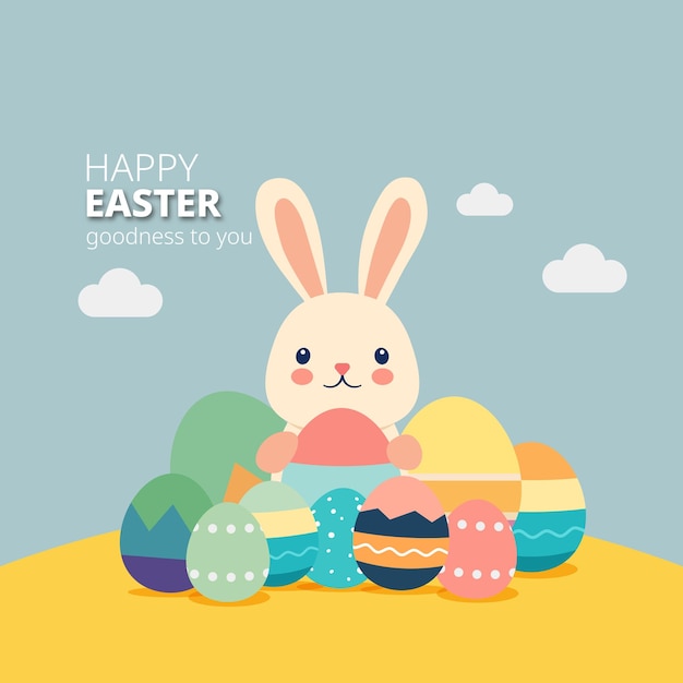 Lindo conejo de conejito de Pascua sosteniendo coloridos huevos de Pascua