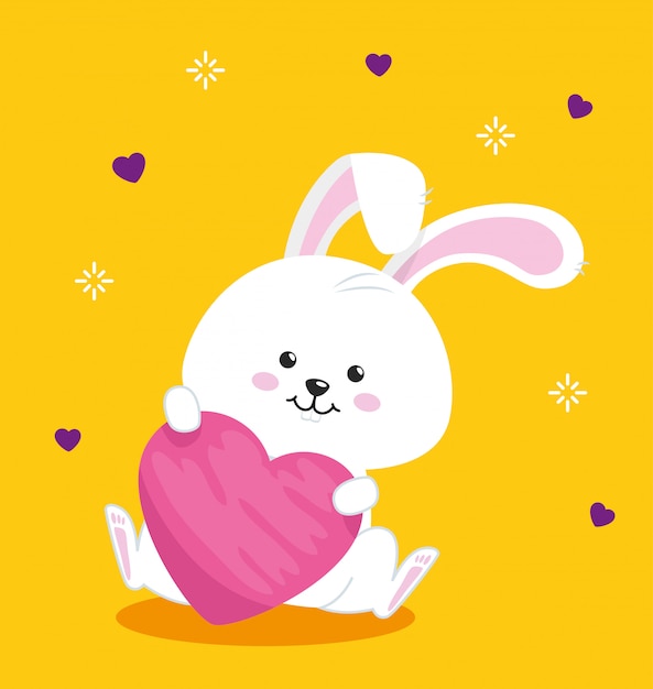 Lindo conejo con corazón en fondo amarillo