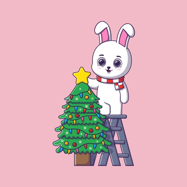 Vector lindo conejo decorando el árbol de navidad