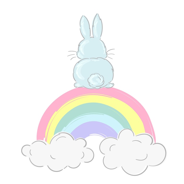 Lindo conejo dibujado a mano atrás y arco iris Bunny Print para el diseño de vectores de camisetas