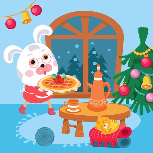 Lindo conejo de dibujos animados disfrazado de Papá Noel con una taza de té y una ilustración vectorial de gofres