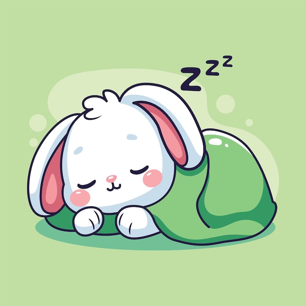 Lindo conejo de dibujos animados durmiendo en una almohada verde Ilustración vectorial