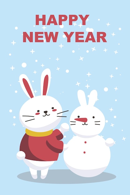 Un lindo conejo de dibujos animados hace una ilustración de vector de tarjeta de invierno de muñeco de nieve sobre un fondo azul con nieve año nuevo y feliz navidad eps