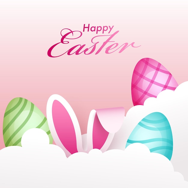 Lindo conejo de dibujos animados y huevos en el fondo de la nube para el concepto de celebración feliz de Pascua