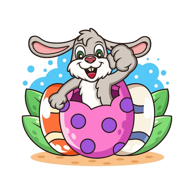 Lindo conejo con dibujos animados de huevos.