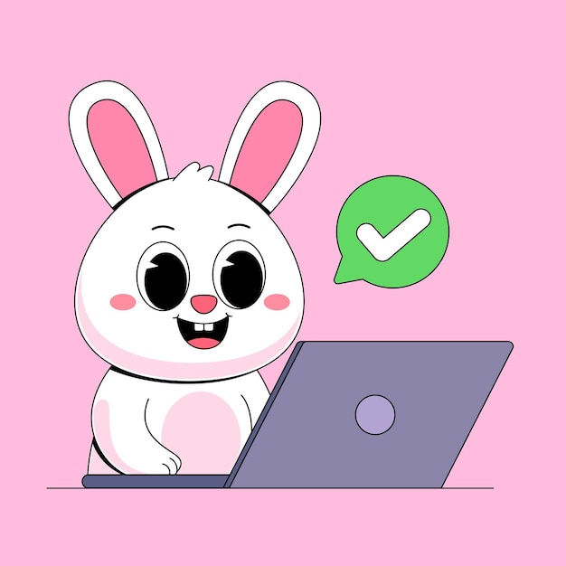 El lindo conejo de dibujos animados con portátil