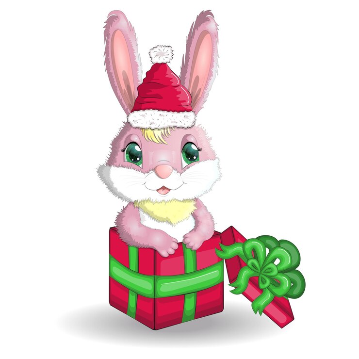 Vector lindo conejo de dibujos animados con sombrero de santa con un regalo invierno 2023 navidad y año nuevo