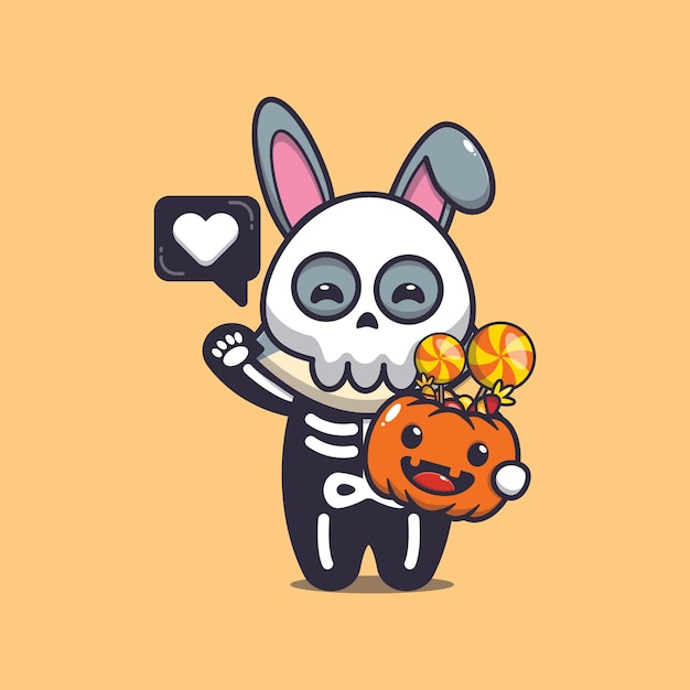 lindo conejo con disfraz de esqueleto con calabaza de halloween linda ilustración de dibujos animados de halloween