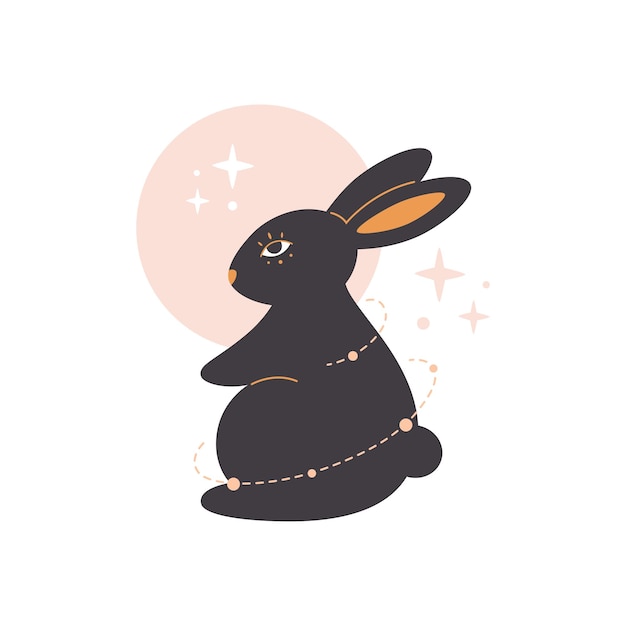 Lindo conejo con elementos de astrología. Año del Conejo. Ilustración vectorial dibujada a mano