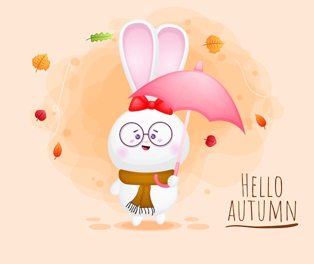 Lindo conejo feliz niña personaje de dibujos animados otoño