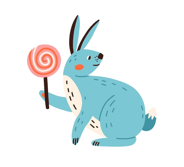 Lindo conejo feliz con piruleta. Conejito sonriente con piruleta. Divertida liebre de orejas largas sosteniendo piruleta en la pata. Ilustración de vector plano coloreado aislado sobre fondo blanco.