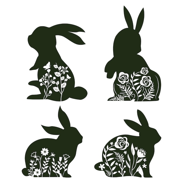 Lindo conejo floral de Pascua Arquivos de diseño de silueta para Cricut y corte con láser
