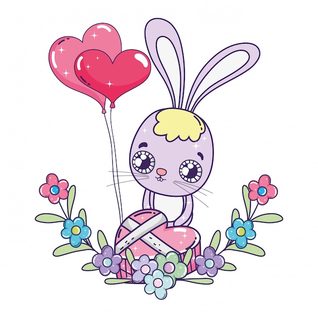 Vector lindo conejo con globos helio día de san valentín.