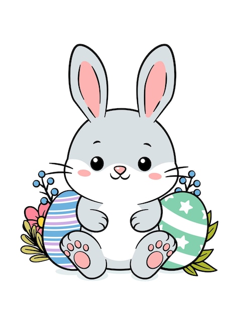 Lindo conejo gris dibujado a mano, conejo de Pascua y huevos.