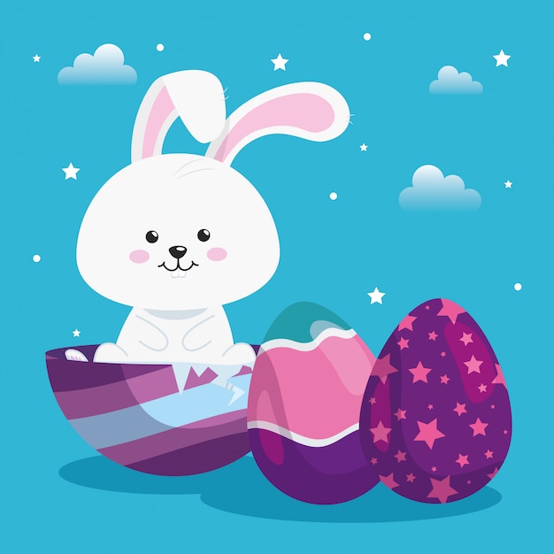 Lindo conejo con huevos pascua decorado ilustración vectorial diseño