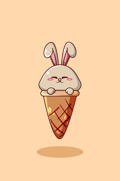 Lindo conejo en la ilustración de dibujos animados de helado