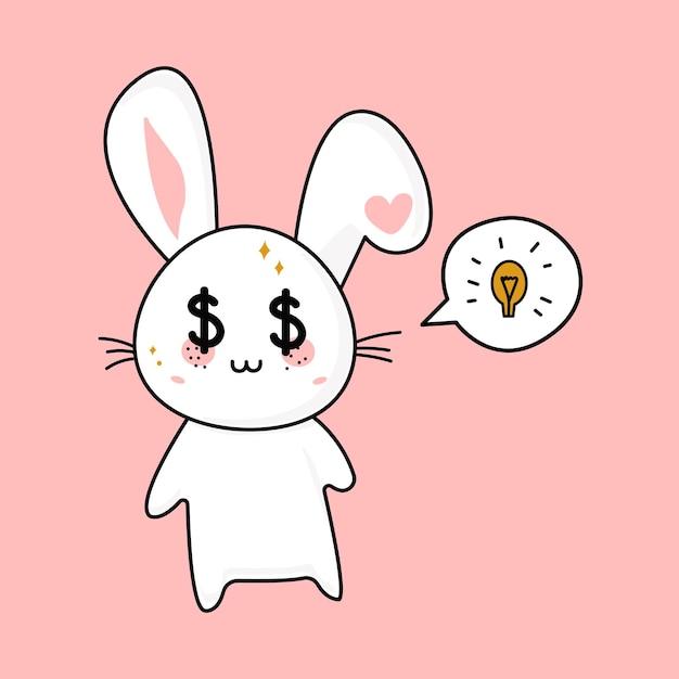 Lindo conejo kawaii y una nueva idea de pensamientos encendieron una bombilla de dinero en su vector de ojos