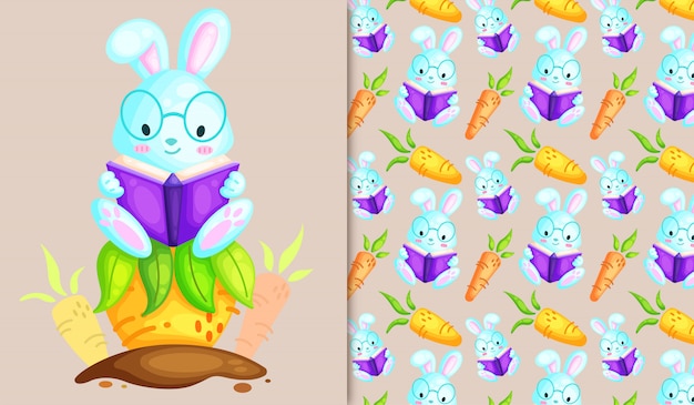 Vector lindo conejo leyendo libro ilustración y patrón